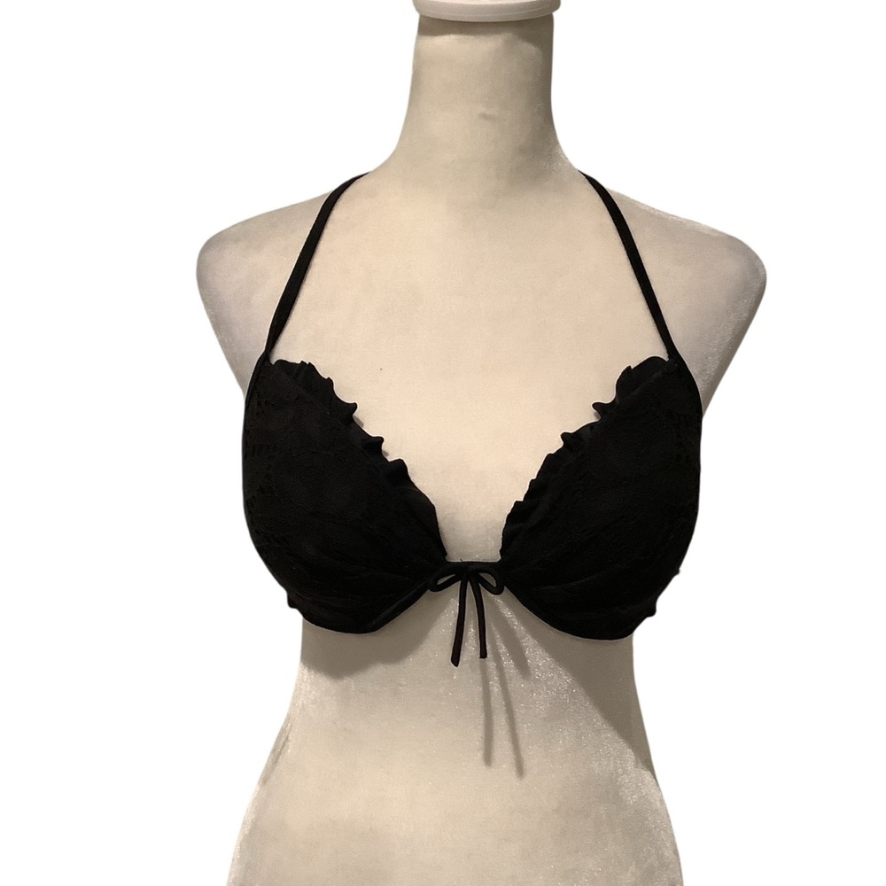 Victoria's Secret Black Padded Ruffle Bikini Halter Top.